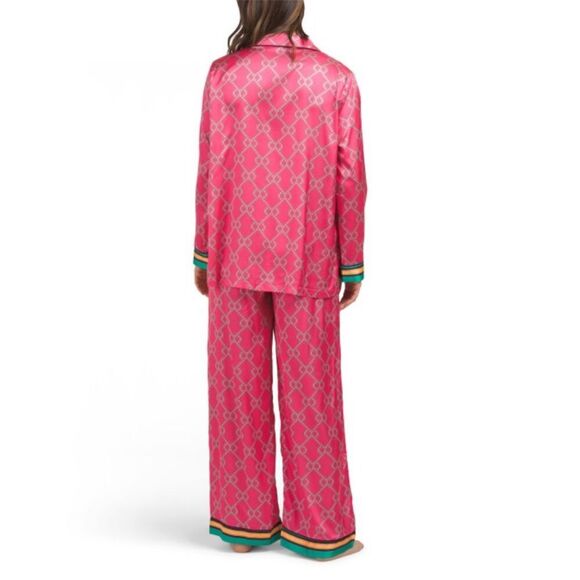 DALIA MACPHEE 2pc Satin Geo Print Pajama Top And Pants Set  in Pink and Green L - Picture 2 of 16